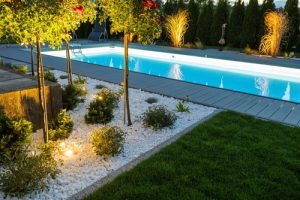 Scenic,residential,outdoor,swimming,pool,illuminated,by,led,lighting.,poolside