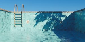 Empty,swimming,pool,with,rusty,stairs,and,tile,floor.,concept